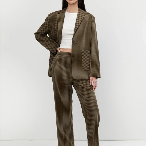BNWT OAK+FORT Plaid Trouser in Oatmeal Brown Plaid - Picture 5 of 6